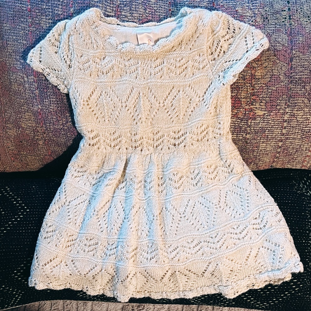 Cream/Ivory Crochet Sweater Dress w/ Cap Sleeves and Metallic Gold Threads - Picture 1 of 6
